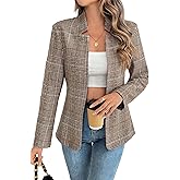 ELLEVEN Women's Plaid Blazer Open Front Stand Collar Houndstooth Suit Boyfriends Jacket for Work Casual