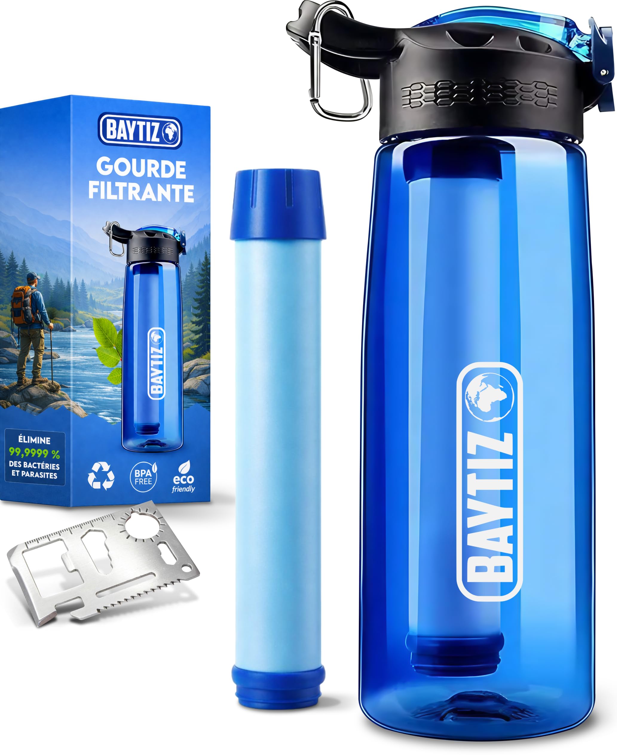 BAYTIZ ® Water Filter Bottle + Purifier Straw - Cartridge with Charcoal Activated Reusable for Travel - Purification Filters for Traveling and Hydration Filtration Jugs Tablets Litre Filtered Jug Life
