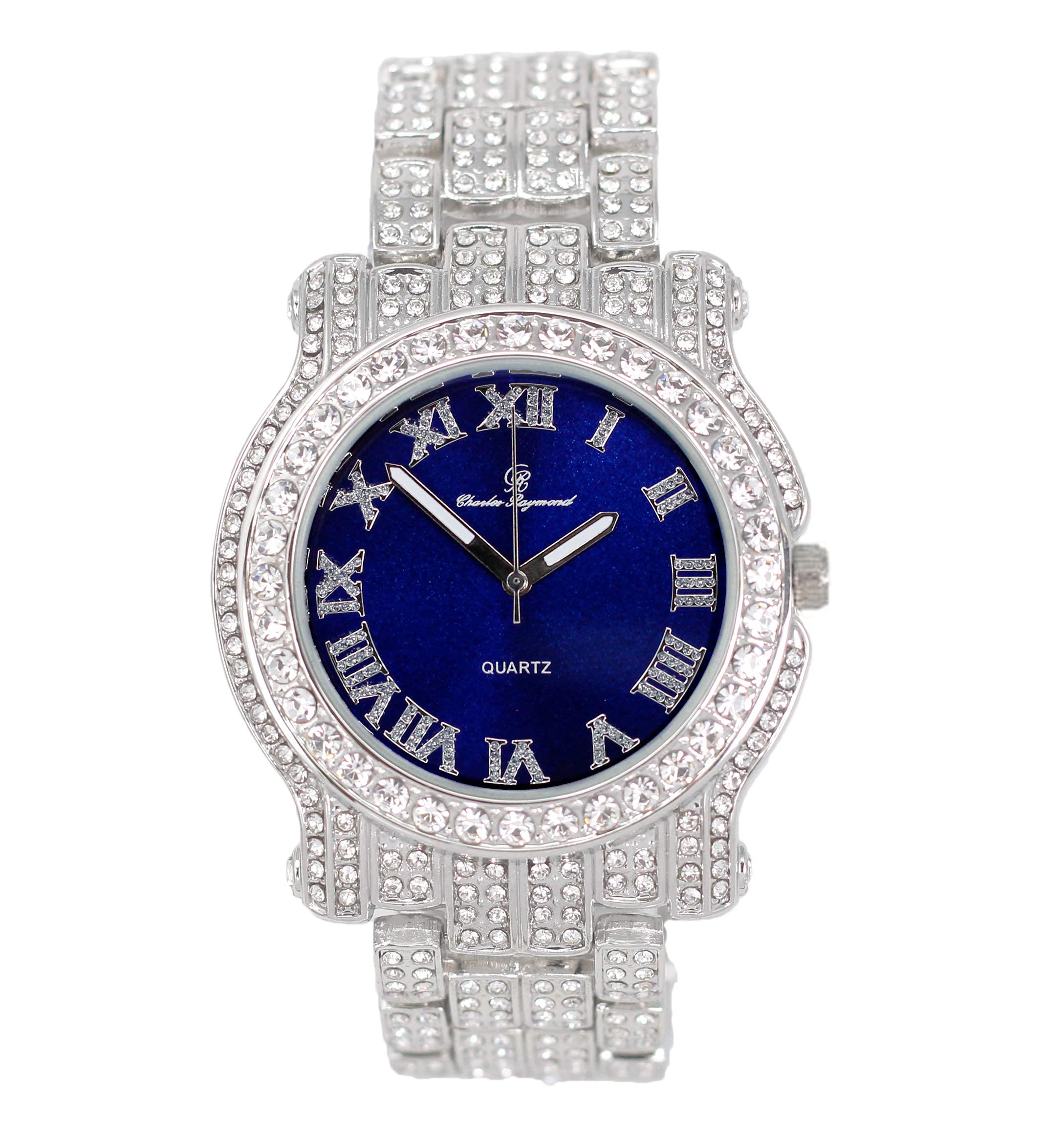 Bling-ed Out Ultimate Hip Hop Royalty Mens Watch w/Easy Reader Roman Numeral or Diamond Time Indicators,Bright Colored Dials,L0504, L0504RN Silver Royal Blue, mens, L0504 (L0504RN Silver Royal Blue)