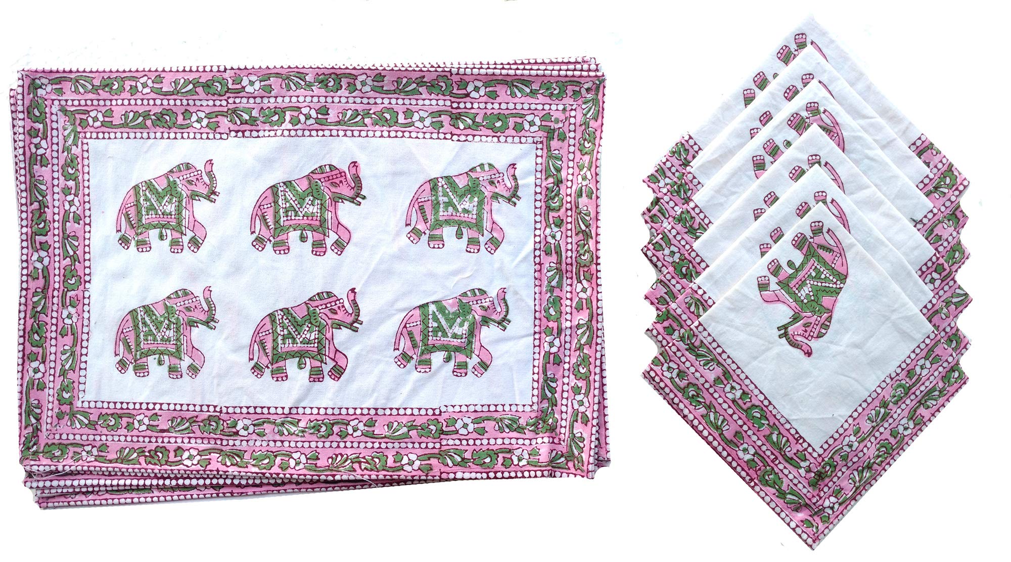 Rastogi Handicrafts Hand Block 100% Cotton Indian Style Theme Set of 6 Dining Table Mats and Napkins Place-mats Runners (PINK 2)
