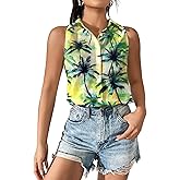 Hawaiian Shirts for Women Sleeveless Button Down Blouses Floral Tropical Tops V Neck Tank Top Casual Summer Outfit