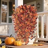 Megapuxin Fall Decor Artificial Flowers for Outdoor Decoration, 4Pcs Fake Hanging Flowers Mums Silk UV & Fading Resistant, Artificial Faux Plants for Home Patio Yard Garden Farmhouse Halloween