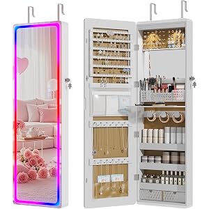 47.2" RGB Lockable Mirror Jewelry Cabinet,Wall Door Hanging Organizer,White | Jewelry Organizer with Lock, Large Storage Mirr