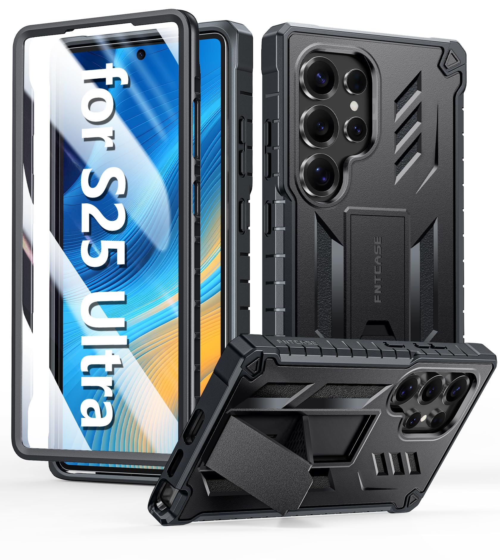 Photo 1 of FNTCASE for Samsung Galaxy S25-Ultra Case: Military Grade Drop Proof Protection Mobile Cover with Kickstand | Matte Textured Rugged Shockproof TPU | Protective Sturdy Phone Case - Black