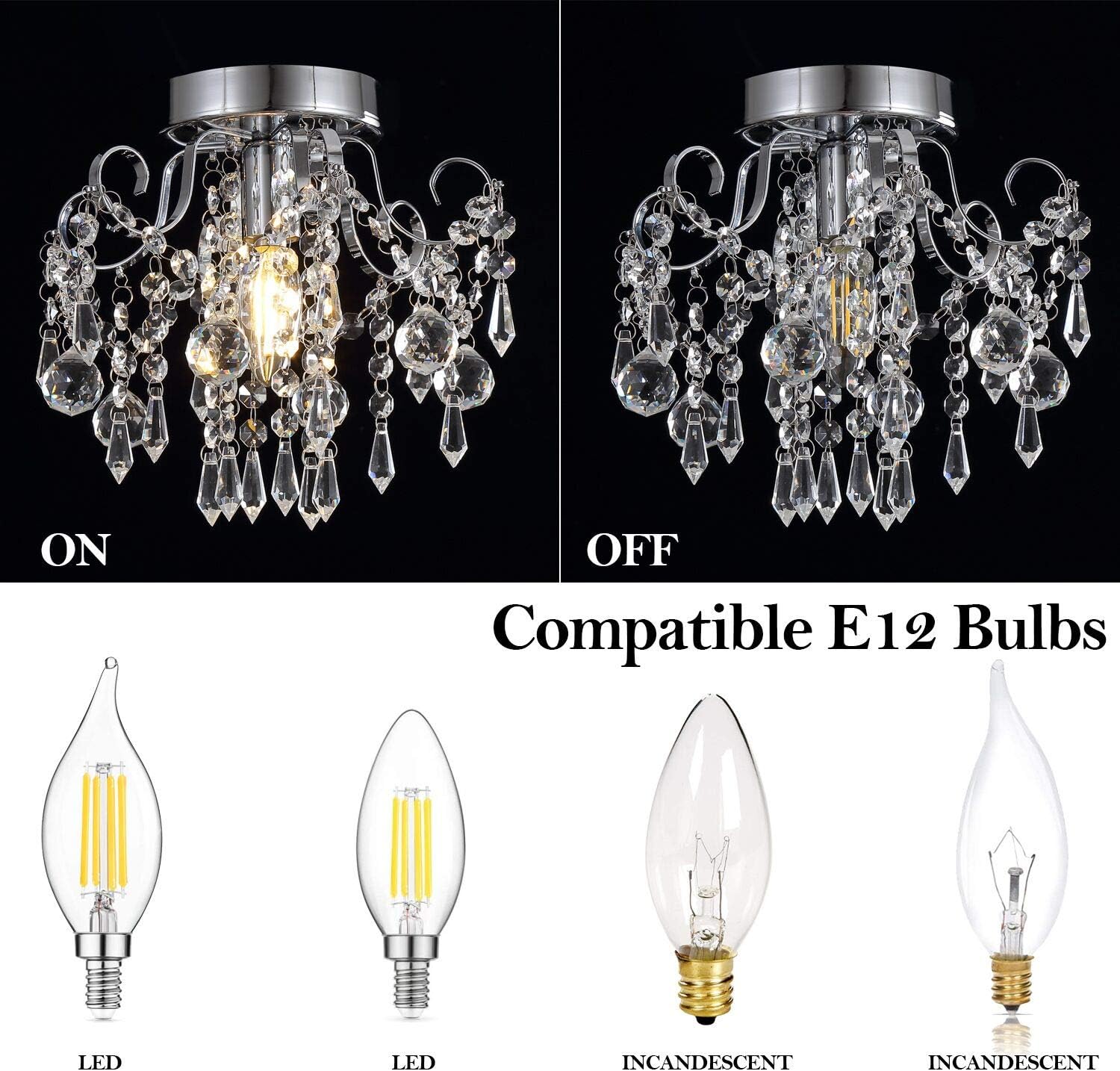 Q&S Mini Crystal Chandelier, Small Chandelier Ceiling Lights, Modern Chrome Flush Mount Ceiling Light Fixture for Hallway, Entryway, Bedroom, Foyer, Bathroom, Kitchen, W9.5",1 Light E12.: Home Improvement