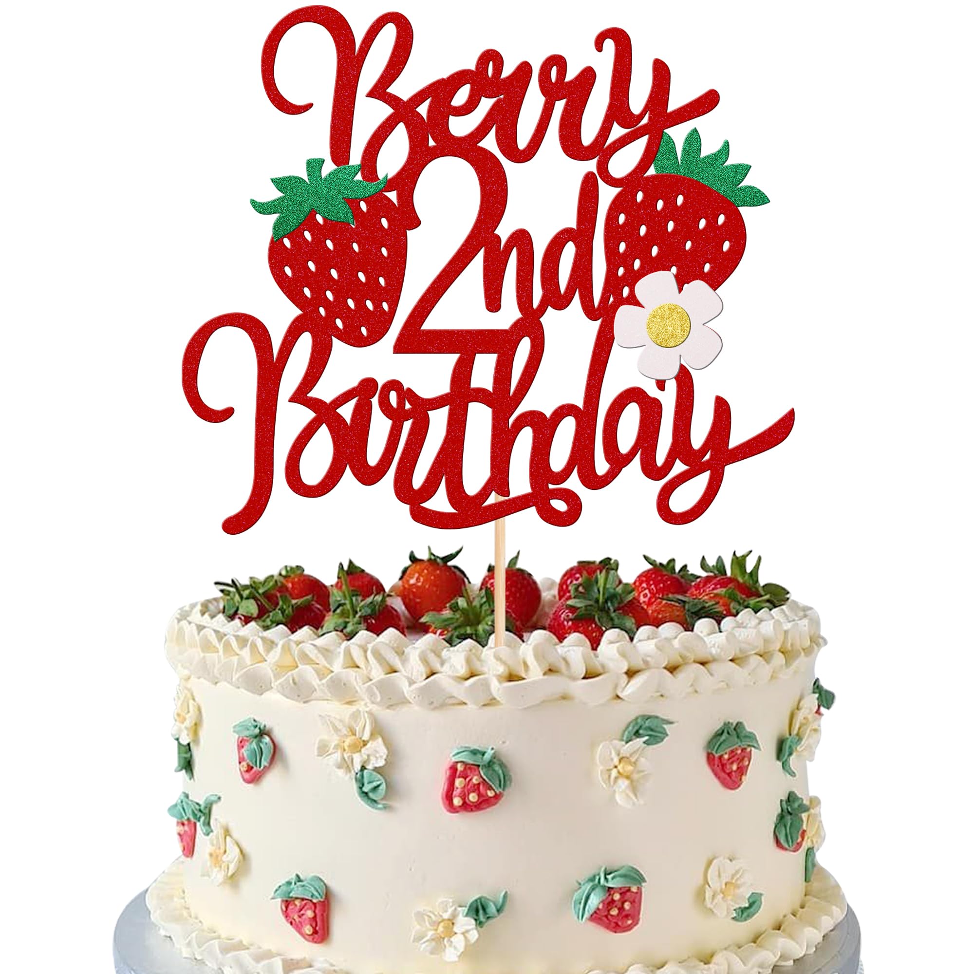 1 PCS Strawberry Berry 2nd Birthday Cake Topper Glitter Second Birthday Flower Strawberry Cake Pick for Sweet Fruit Theme Baby Shower Kids 2nd Birthday Party Cake Decorations Supplies