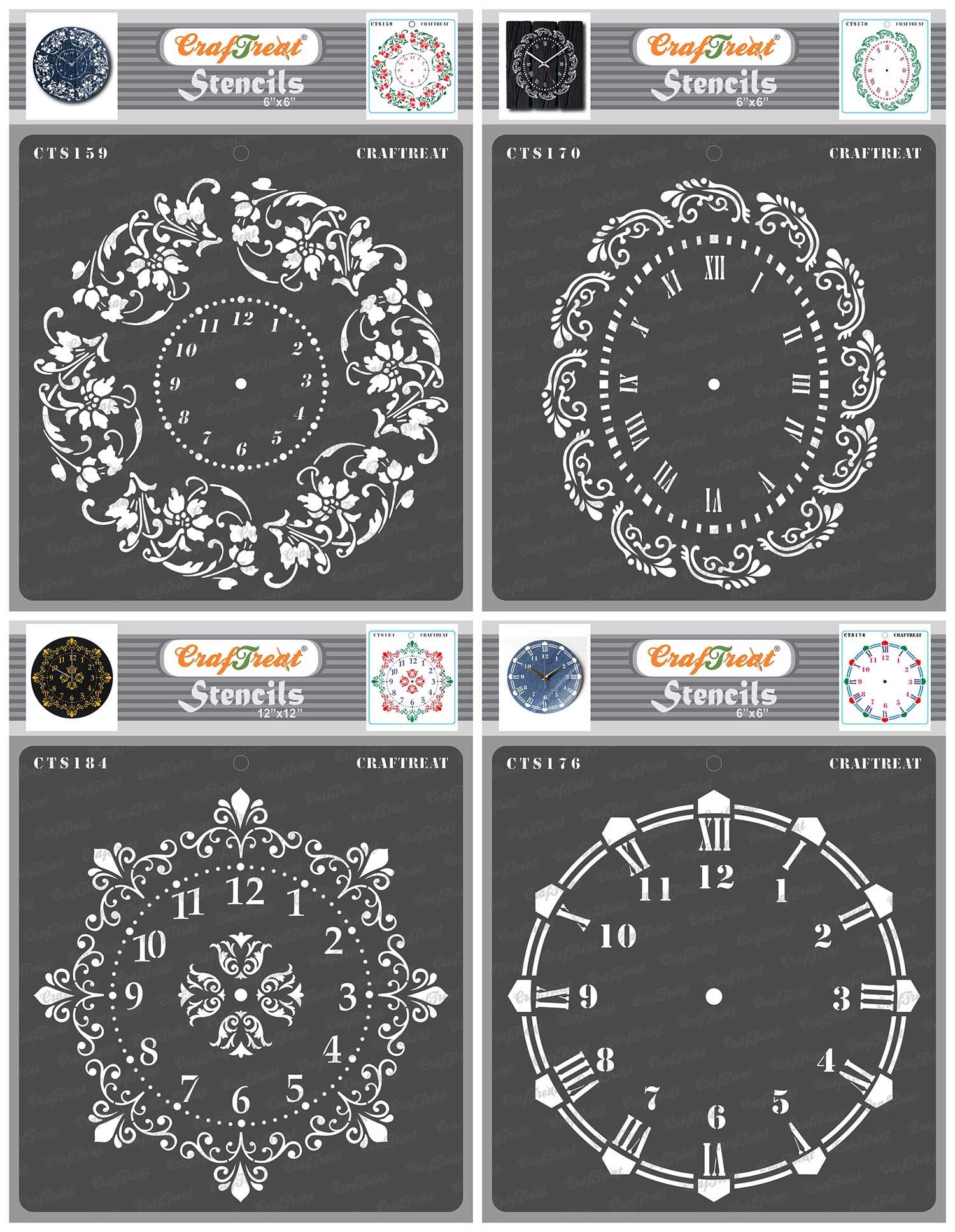 CrafTreat Clock Stencils for Crafts Reusable Vintage - Floral Clock, Oval Doily, Ornate Clock and Wall Clock (4Pcs) - Size: 6X6 Inches - Clock Face Stencil for Painting on Concrete, Canvas, Paper