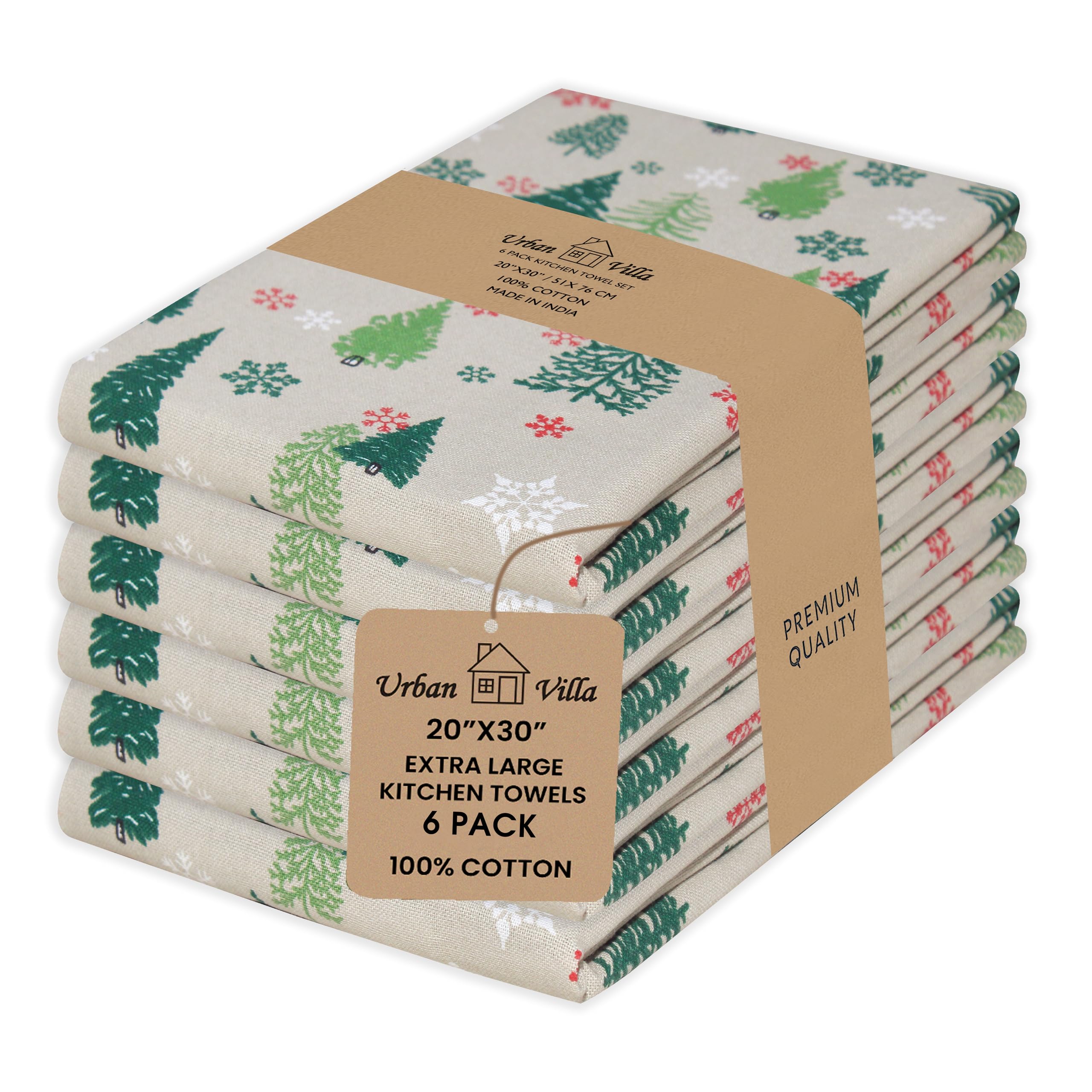 Urban Villa Kitchen Towels Christmas Green Trees Print Premium Quality,100% Cotton Dish Towels Mitered Corners Ultra Soft (Size: 20X30 Inch) Highly Absorbent Bar Towels & Tea Towels - (Set of 6)