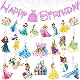 Princess Birthday Party Decorations Include 1pc Glitter Happy Birthday Banner,1pc Princess Banner and 14pcs Cute Hanging Swirls for Girls, Pre-Assembled Party Decorations