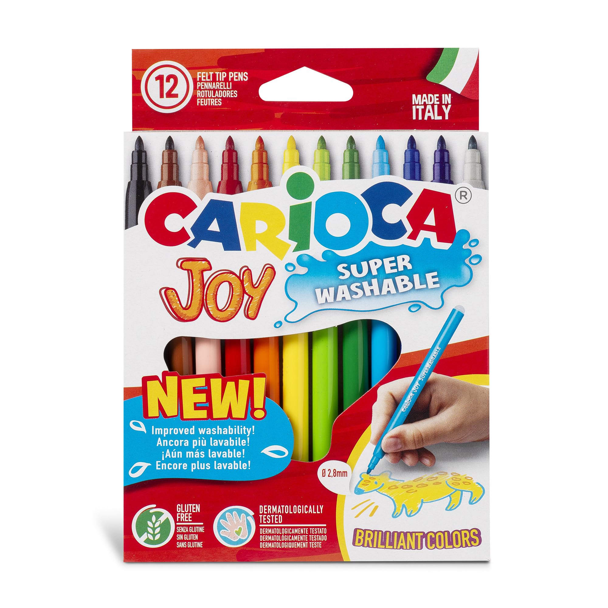 CARIOCA Joy Fine Tip Colors - Super Washable Ink Markers with 2.8mm Fine Tip - Long-Lasting Ink, Gluten Free, Made in Italy (Box of 12 Markers)