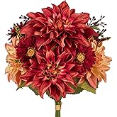 Briful Fall Flowers Artificial Bouquet for Decoration, Fake Silk Flowers Arrangements with Dahlia & Mums Mixed Autumn Floral Stems for Home Room Fall Table Centerpiece Wedding Party Decor(Burgundy)