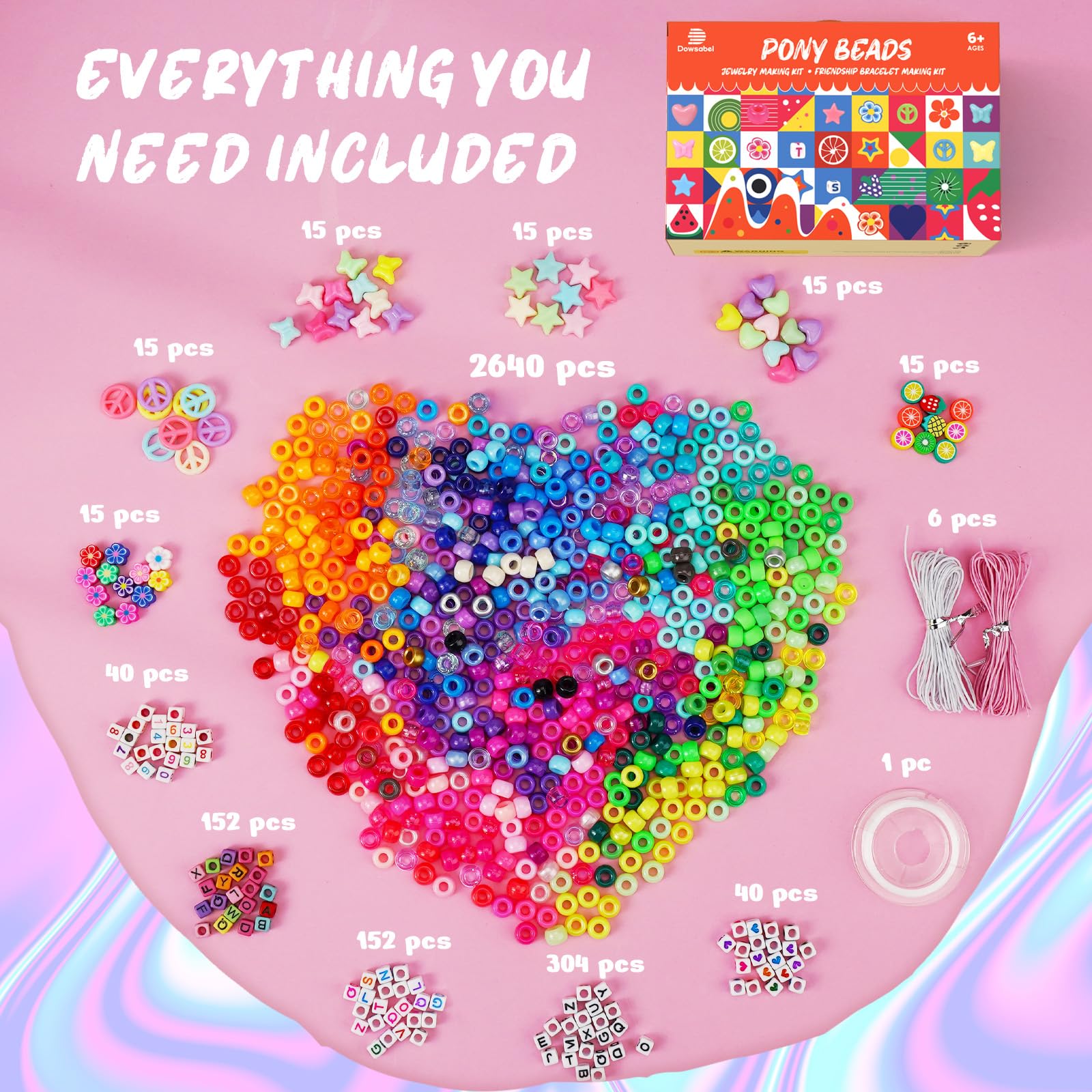 Dowsabel 6 Boxes 120 Colors Pony Beads Bracelet Making Kit, Beads for Jeweley Making with Letter Beads Kandi Beads, DIY Arts and Crafts Birthday Gifts Toys for Kids Age 6-13