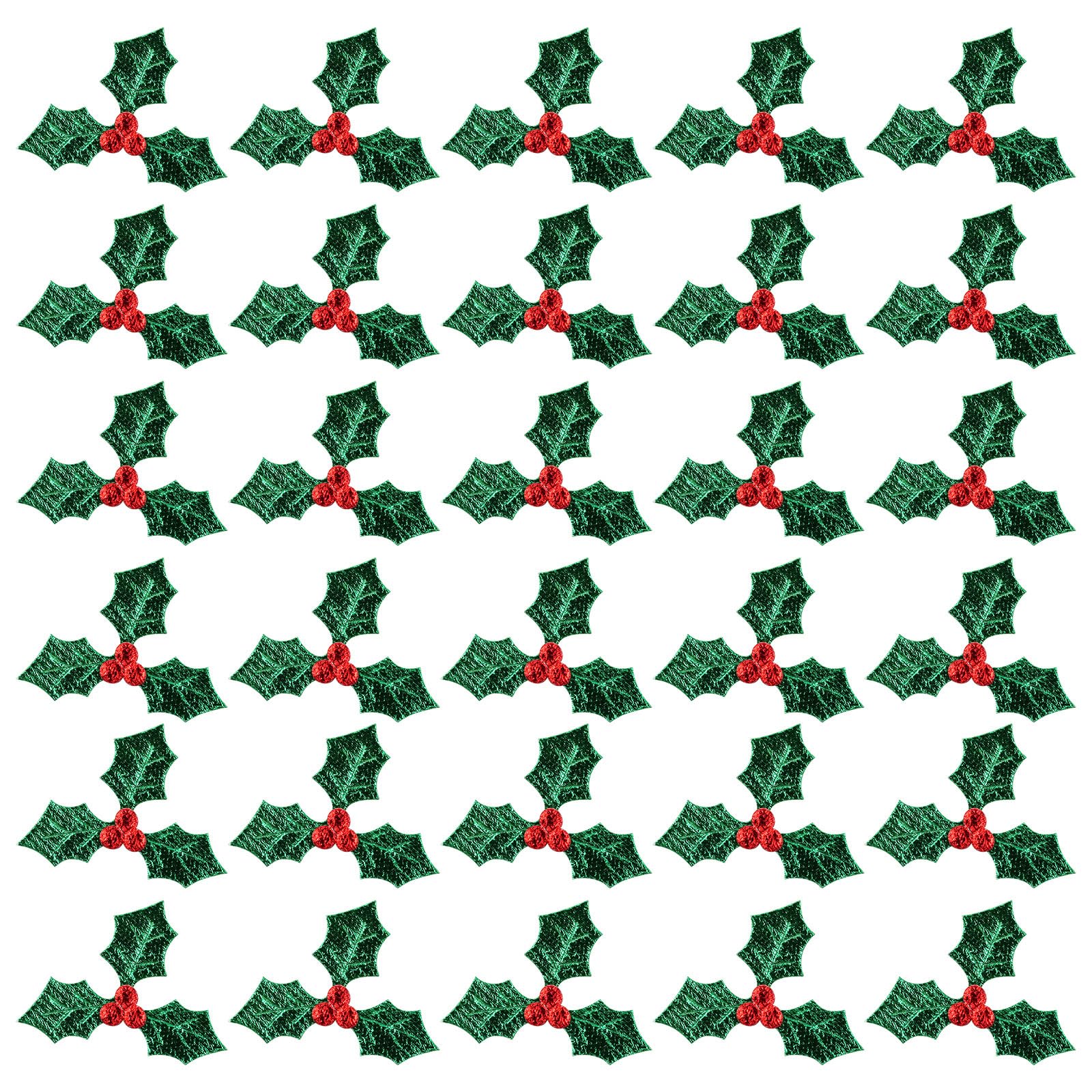 MAGICLULU Christmas Patches 100pcs Artificial Holly Berries with Green Silk Leaves Green Leaves Christmas Holly Berry for Wreath Garland Home 3CM Embroidered Patches