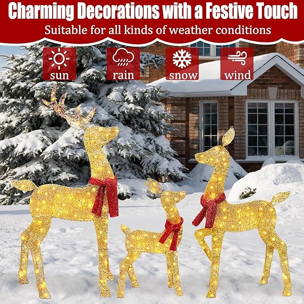 2025 NEW 4FT 2.5D LIGHTED CHRISTMAS DEER FAMILY SET, 48INCH 3-PIECE CHRISTMAS DECORATION OUTDOOR LIGHTED REINEER WITH 145 LED LIGHTS, PLUG FOR HOLIDAY FRONT YARD/PORCH/INDOOR DECOR- GOLD