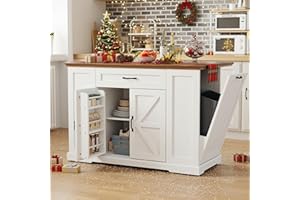 IRONCK Kitchen Island with Storage, Rolling Island Table on Wheels with Cart Drop Leaf and Trash Can Storage,White and Walnut