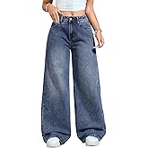 Women Jeans - Baggy Wide Leg Straight Jeans with Pockets, Comfortable Y2K Boyfriend Vintage Casual Denim Pants