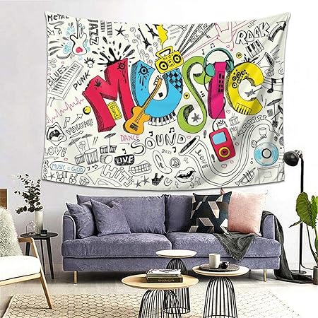 Amazon Co Jp Rosecny タペストリー インテリア 壁掛け ポップアートの注目の落書きスタイルの音楽的背景と楽器サウンドアートのイラスト 壁飾り 家 リビングルーム ベッドルーム 部屋 おしゃれ飾り 0ｘ150cm Generic