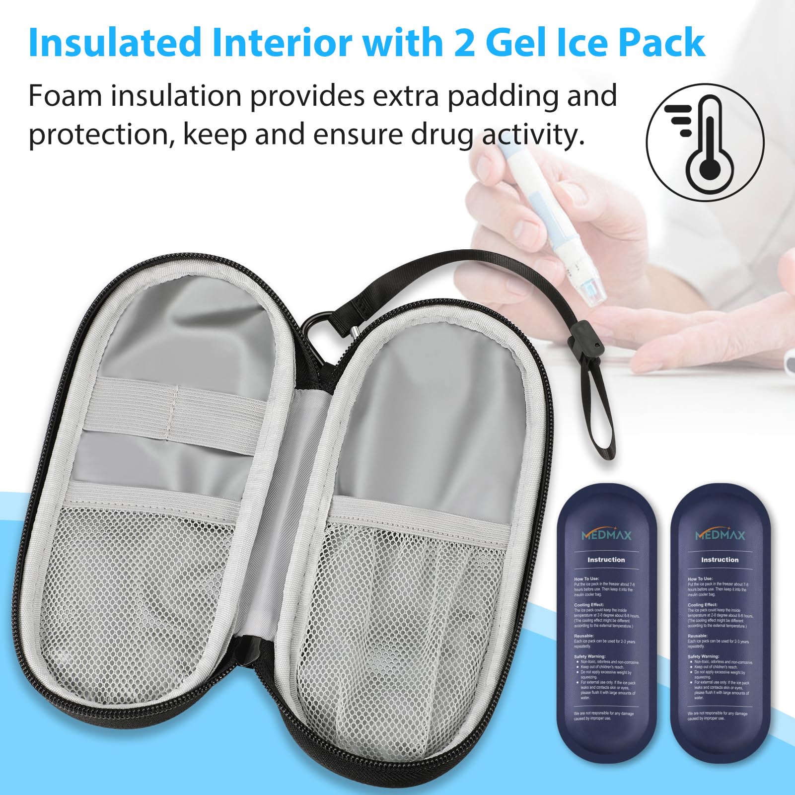 Insulin Cool Bag with 2 Ice Packs - Diabetic Bag Water-Repellent Insulated Medicine Bag Portable Cooler Bag for Insulin Pen and Other Diabetic Accessories (Black)