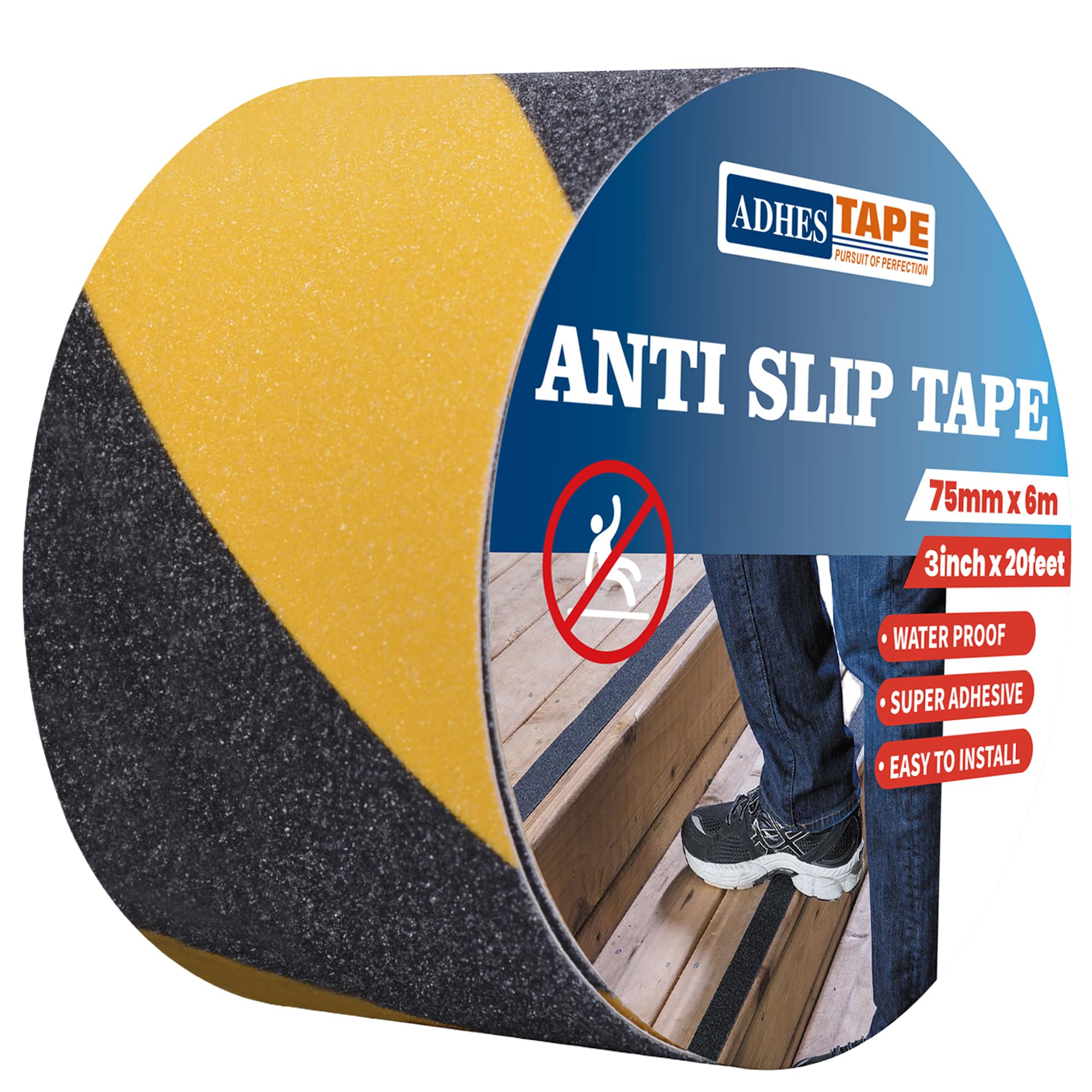 ADHES Heavy Duty Anti Slip Tape Yellow and Black Non Slip Hazard Caution Tape, Strong Grip Warning Tape Floor Mats Sticker for Indoor Outdoor Safety Hazard Warning Tape Stair Treads 3In X 19.6Ft