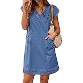 Pink Queen Womens Denim Dress Summer V Neck Short Sleeve Loose Casual Jean Dresses with Pockets