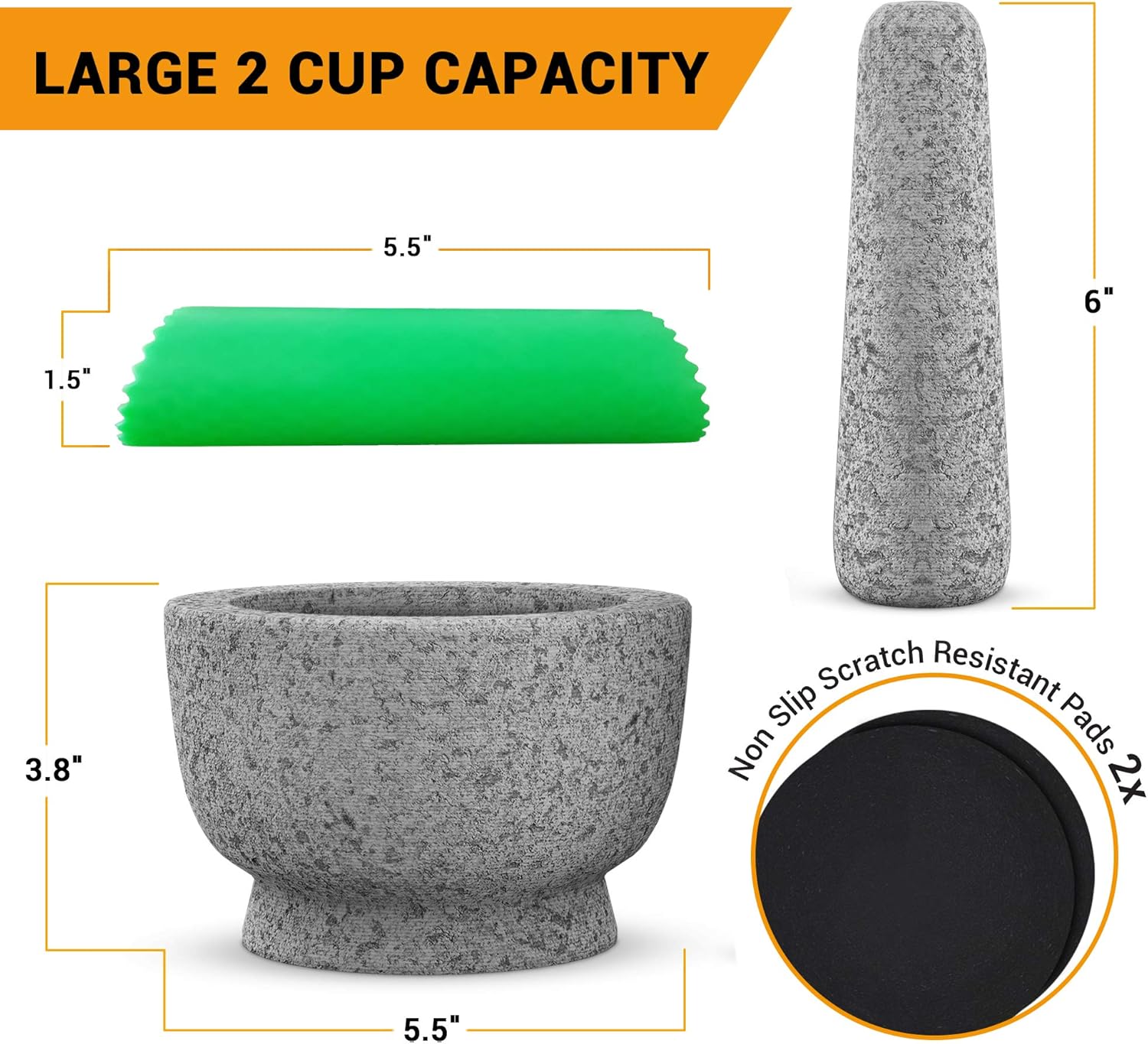 PriorityChef Mortar and Pestle Set - 100% Natural 2 Cup Unpolished Granite - Grind, Crush & Mash Spices and More - Easy to Use & Clean - Solid Stone Mortar and Pestle Large: Kitchen & Dining