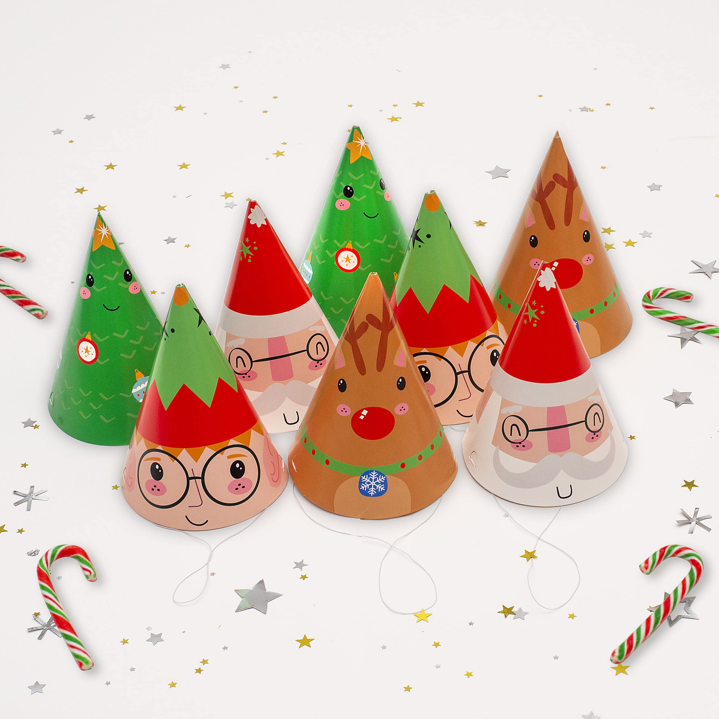 On The Wall Christmas Party Hats – Santa, Rudolph, Elf with Ears and Christmas Tree's (8 x pack)