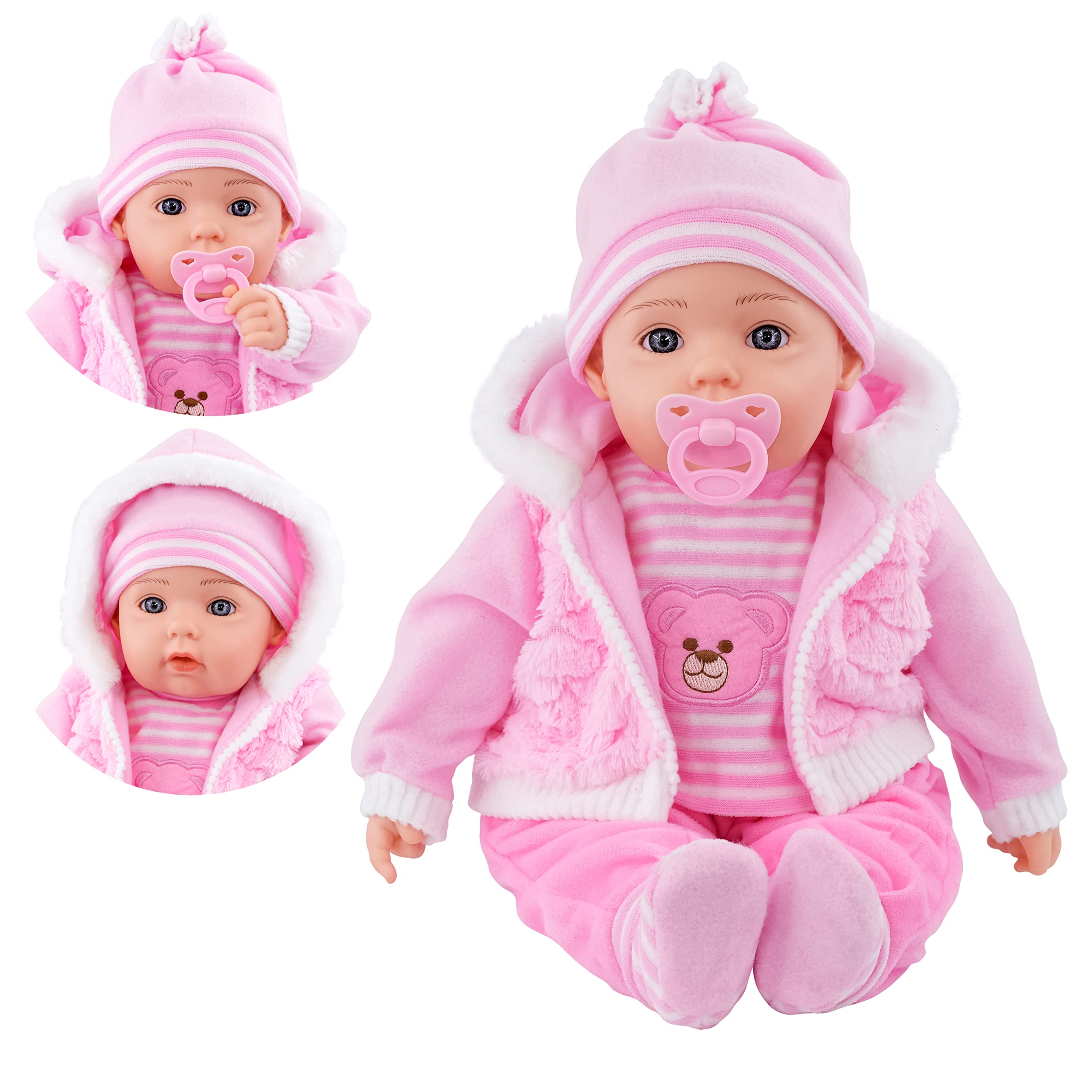 BiBi Doll 20" Baby Girl Doll - Large Lifelike Size, Soft Body, with Dummy & Sounds in Baby Pink Coat, Outfit, Toy for Boys & Girls Aged 18 Months+