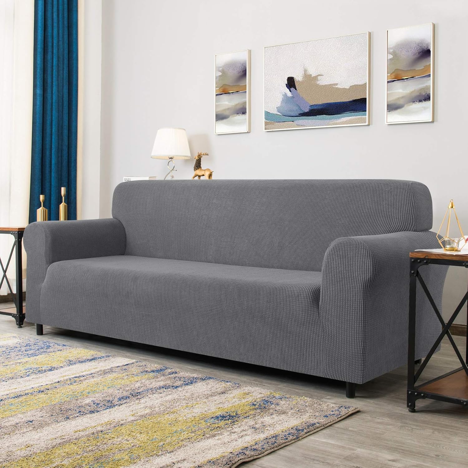 CHUN YI 1 Piece Jacquard Sofa Covers Stretch Fabric Settee cover Furniture Protector for Sofa 3 Seater Sofa Slipcover for Living Room Checks Durable Spandex Fabric (Sofa,Light Grey) - Image 3