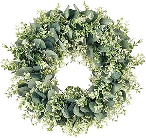MELAJIA Eucalyptus Wreaths 16 Inch Summer Wreath Artificial Green Leaves Wreaths for Front Door Wall Home Decor Indoor Outdoor