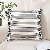 Virexen Beige and Navy Blue Boho Decorative Throw Pillow Covers 18x18 Textured Striped Woven Pillow Covers Modern Farmhouse Neutral Pillow Covers for Couch Bed Sofa(No Pillow Insert, 1PC)