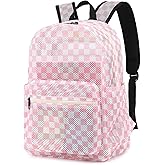 Dezcrab Checkered Mesh Backpack for Girls, Kids Teens School Backpacks Women Bookbags Semi-transparent Beach Backpacks (Pink)