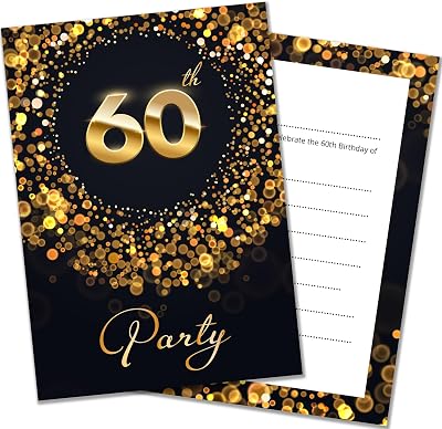 Olivia Samuel 20 Black & Gold 60th Birthday Invitations with Envelopes