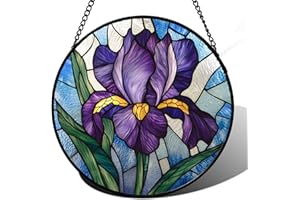 HWRHTR Stained Glass Window Hanging - Iris Birth Flower Suncatcher for Doors Garden Yard Purple Blue Sun Catchers Decor Christmas Mother's Day Birthday Gifts for Teacher Women Mom Nana 6.3 in