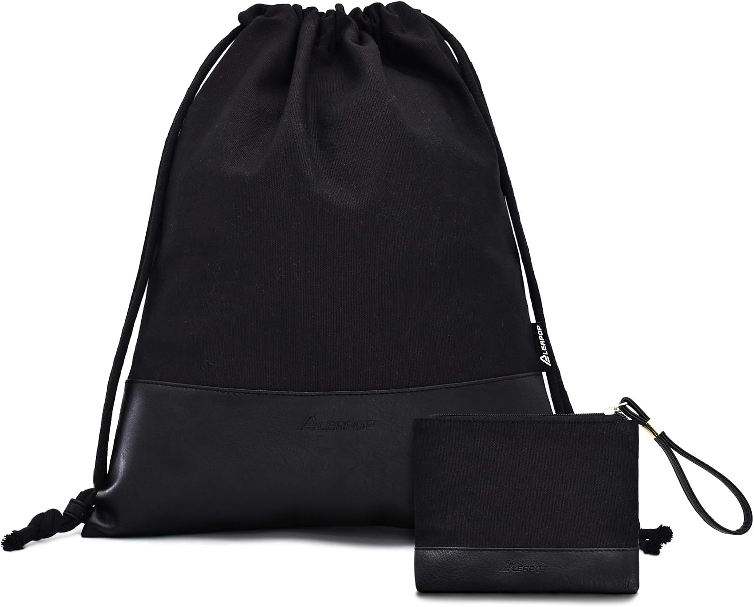 Leapop Drawstring Bag Gym Bag Vegan Leather Sport Backpack with a Coin Purse (Black + Black)