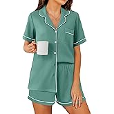 Ekouaer Womens Waffle Knit Pajama Sets Soft Short Sleeve Button Down Sleepwear Cozy 2 Piece Pjs Shorts Set,Small,Light Green