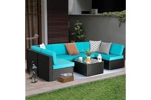 Waleaf 7 Pieces Outdoor Furniture Rattan Sectional Patio Sofa, Outdoor Indoor Backyard Porch Garden Poolside Balcony Wicker Conversation Set with Table (Turquoise)