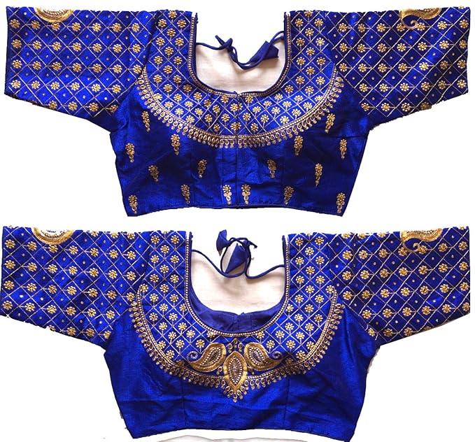 Women's Royal Blue Colour Embroidery Blouse Front Neck Design Readymade Blouse For Saree And Lehenga Choli (38+margin)