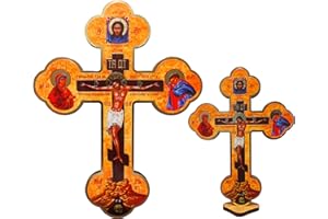 2 pcs Orthodox Three Bar Cross Woden Byzantine Christian Crucifix Wall 8'' Small Table Cross 5,5''