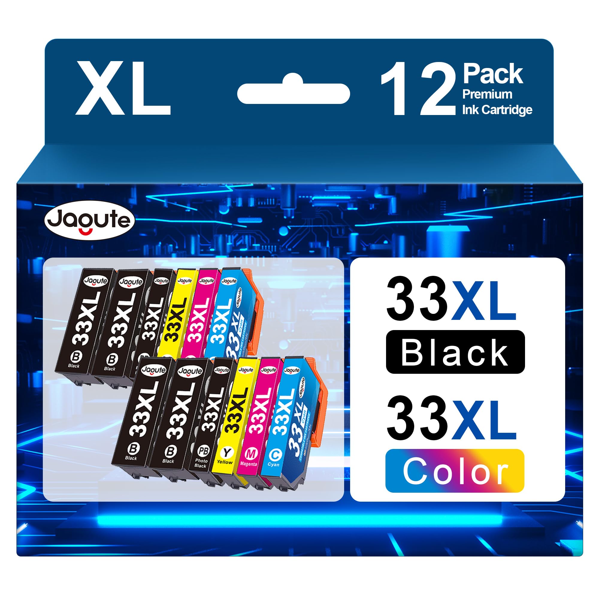 33XL Ink Cartridges Combo Pack for Epson 33 33XL Ink Replacement for Epson Expression Premium XP-530 XP-540 XP-630 XP-640 XP-645 XP-830 XP-900 XP-7100 (12 Pack, Black Photo Black Cyan Magenta Yellow)