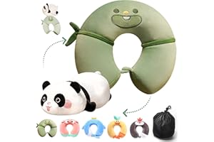 qianliyer Travel Pillow for Kids Adults, 2 in 1 Deformable Cartoon Kids Neck Pillow, Soft Airplane Pillow Cute Animal Flight Pillow Head Rest Neck Support for Car - Green Panda