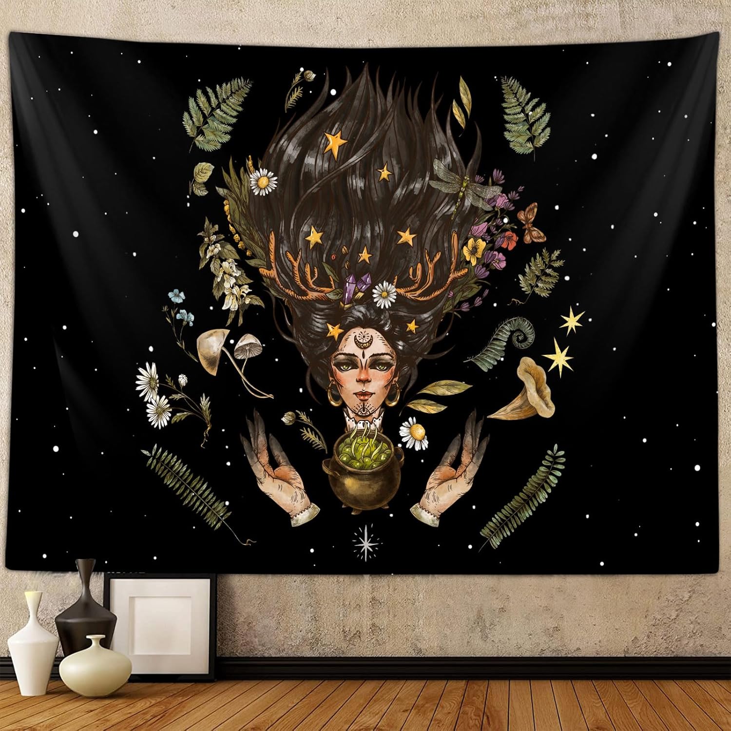 Tapestries - Boho Mushroom Girl Tapestry for Bedroom Aesthetic, Vintage Flowes Botanical Plant Art Tapestries Wall Hanging for College Dorm Room Decor 60X40
