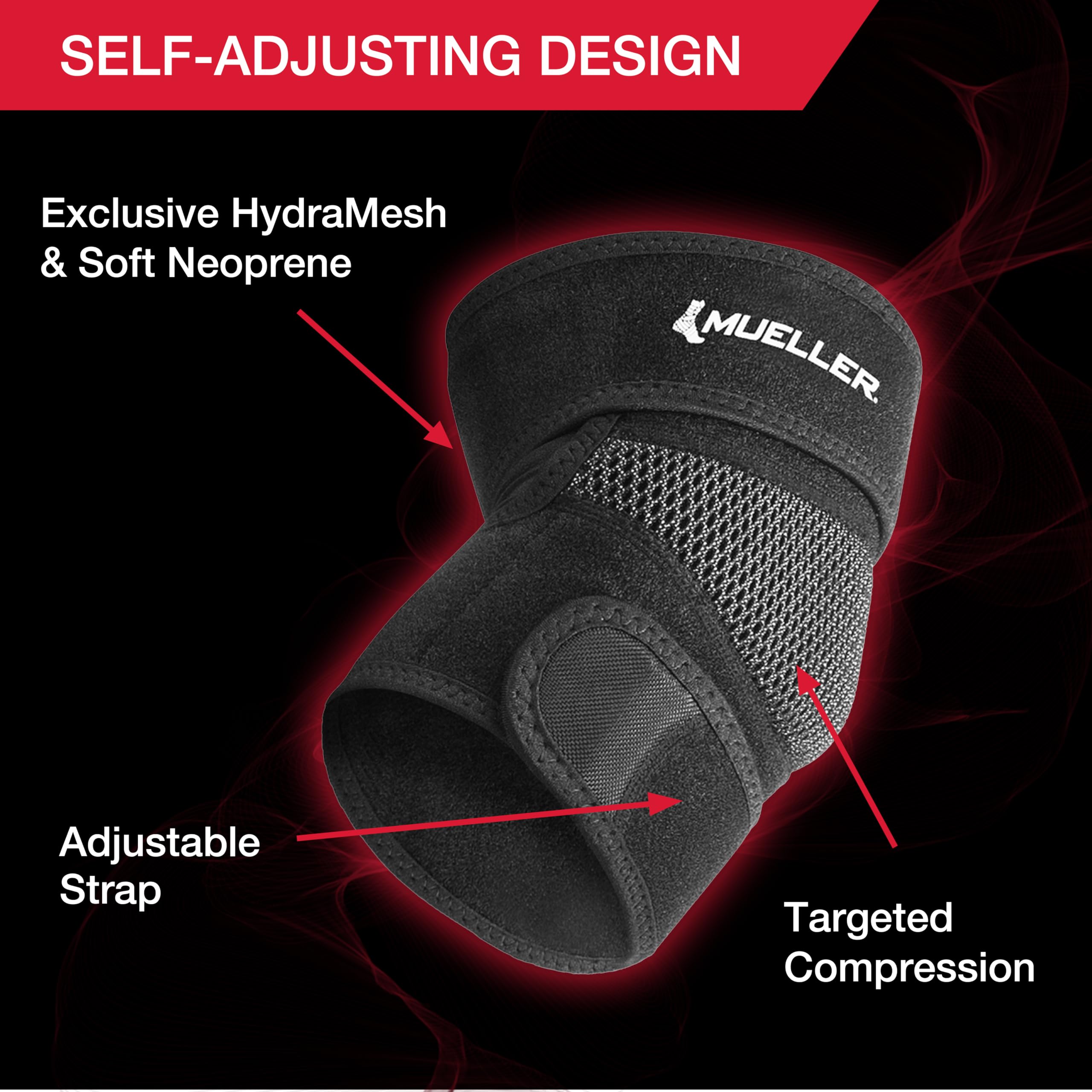 MUELLER Sports Medicine Adjustable Elbow Brace, Elbow Pain Relief Support Sleeve for Men and Women, For Tennis, Golf, Painting, Factory-Line Work, and More, Black, One Size