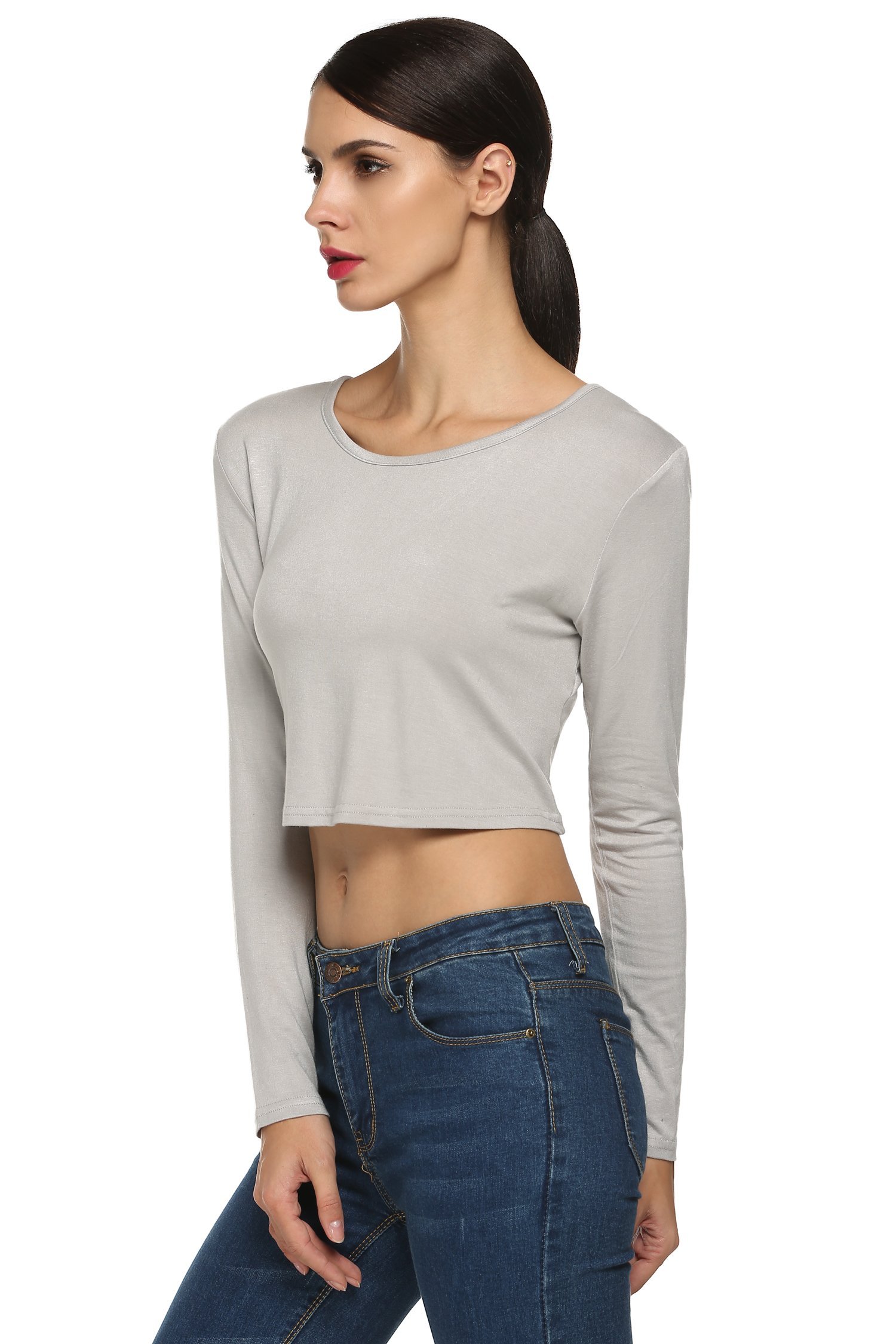 Zeagoo Women Backless Long Sleeve Solid Crop Tops Blouse Gray