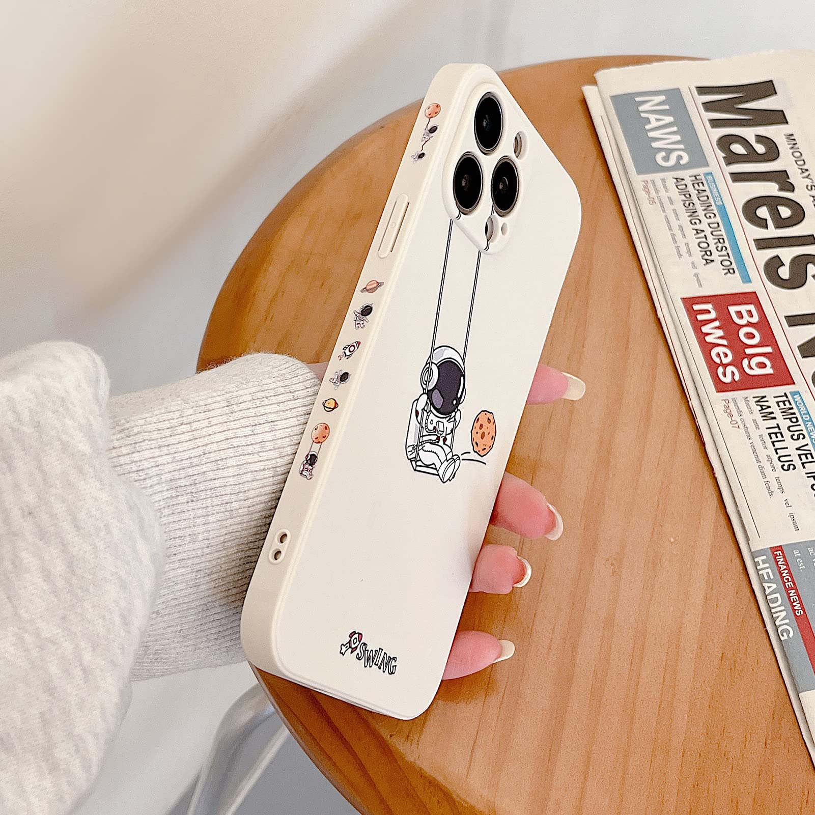 Yonds Queen for iPhone 14 Cute Case, Cool Cartoon Swing Astronaut Planet Moon Space Design Stylish Soft TPU Bumper Shockproof Anti-Slip Protector Fashion Case (White Planet, iPhone 14) — image 1