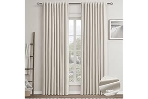 NANSPRING Greyish Beige Blackout Curtains 90 Inch Length for Living Room Natural Flax Linen Look Block Out Window Curtain 2 Panels Hook Belt Pleated Darkening Curtains for Bedroom 52x90 Long Light Taupe