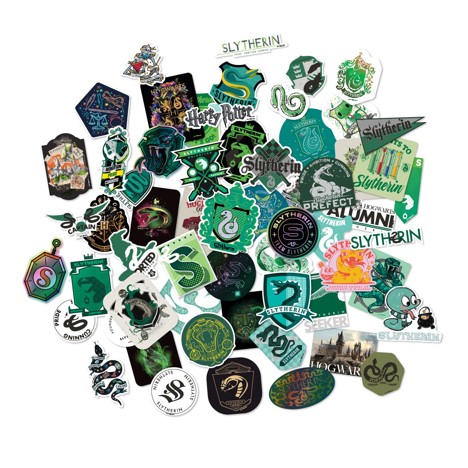 Harry Potter Slytherin Hogwarts House Vinyl Sticker Decal Pack, 60-Count, 5 Hologram Stickers, Waterproof, UV & Scratch-Resistant, Decals for Laptops, Water Bottles, Notes & More, Officially Licensed