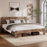 madeslves King Size Farmhouse Wood Bed Frame with Panel Headboard, Brown | Geometric Panel Headboard with Shelf, Rustic Platform Bed, Metal Slat Support, No Box Spring Needed, Easy Assembly