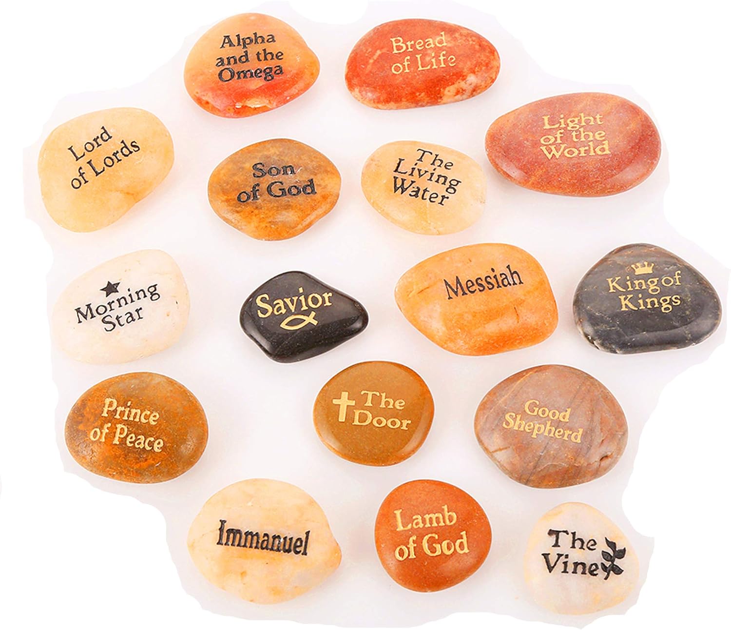 Indoor Fountains & Accessories - ROCKIMPACT 16PCS Names of Jesus Christ INRI Stones Engraved on True Palm Pebble Rocks Each one Features Different Name for Jesus Shepherd Alpha Omega Savior (16 Different Titles, Bulk Pricing)