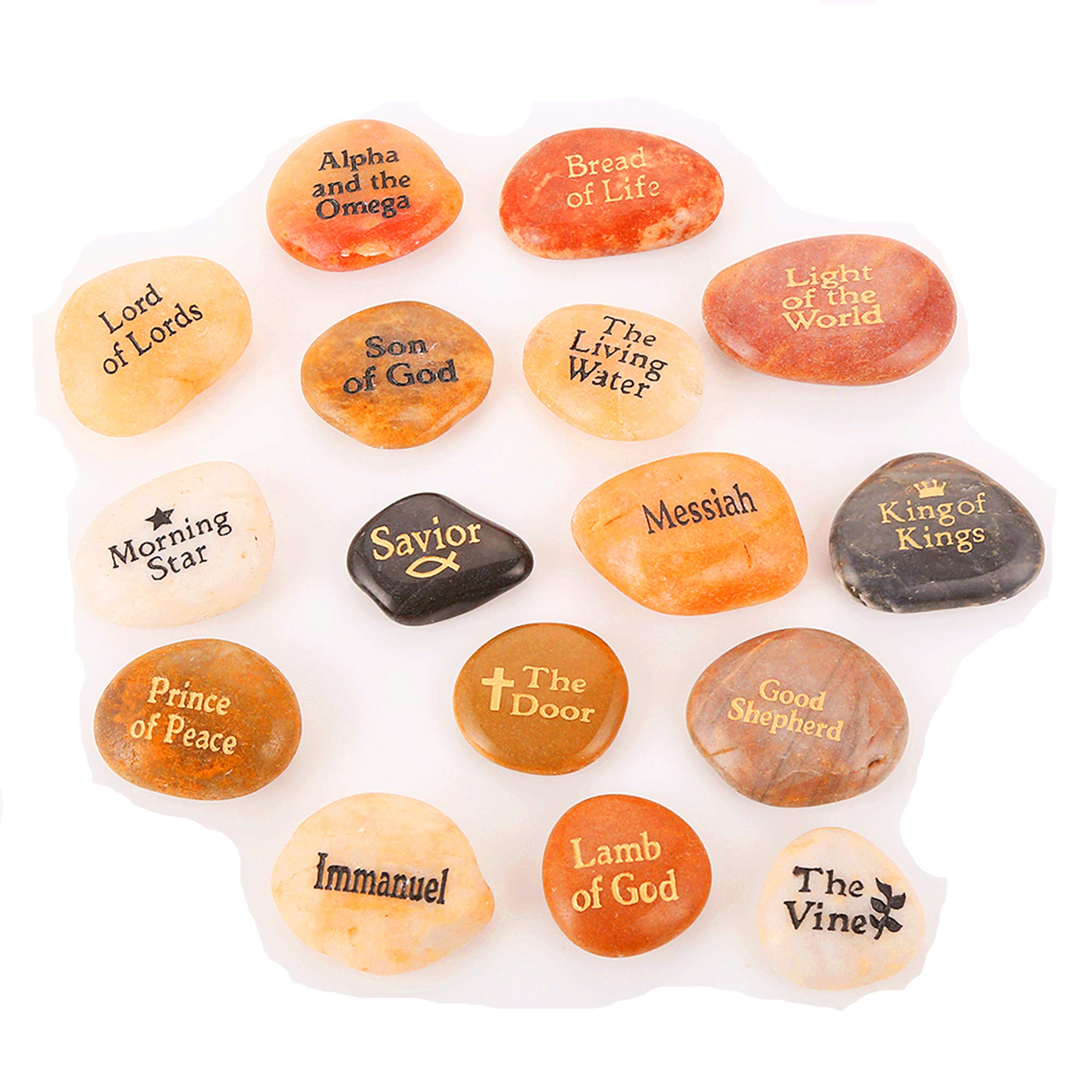 16PCS Names of Jesus Christ INRI Stones Engraved on True Palm Pebble Rocks Each one features different name for Jesus Shepherd Alpha Omega Savior (16 Different Titles, Bulk Pricing)
