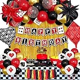 Ouddy Life 103Pcs Casino Theme Party Decorations, Red and Black Happy Birthday Banner Star Heart Poker Foil Balloons Fringe Curtain Paper Tassel Cake Topper for Las Vegas Game Night Party Decorations